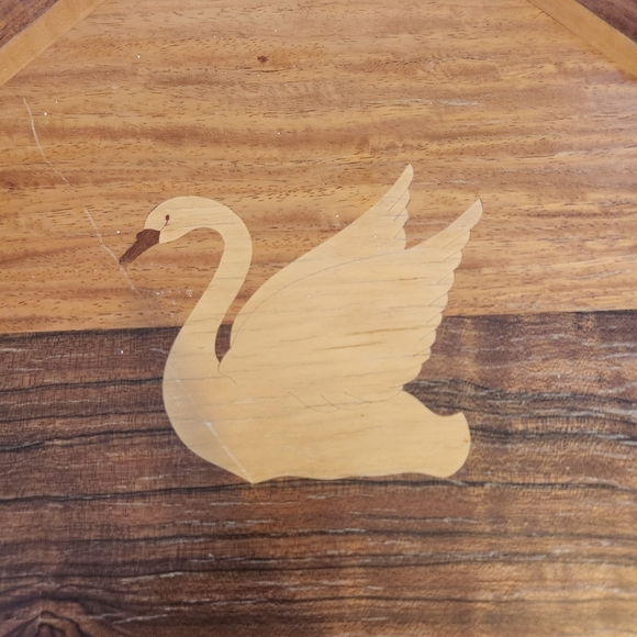 Vintage 70s Wood Inlay Swan Octagonal Tray Rustic Folk Art Eclectic Boho Kitchen - Picture 2 of 5